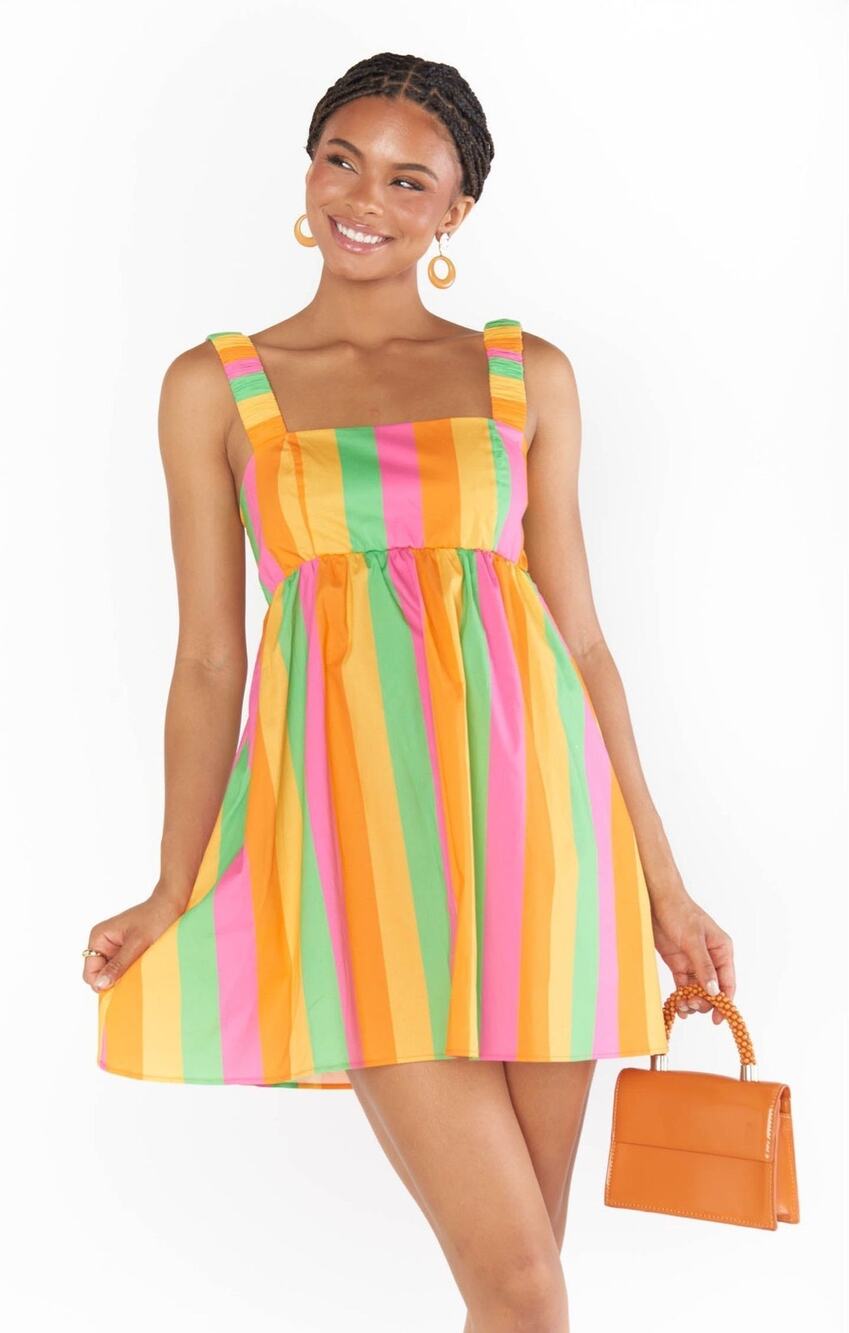 NWT Show Me Your Mumu Carlotta Rainbow Stripe Linen Mini Dress S